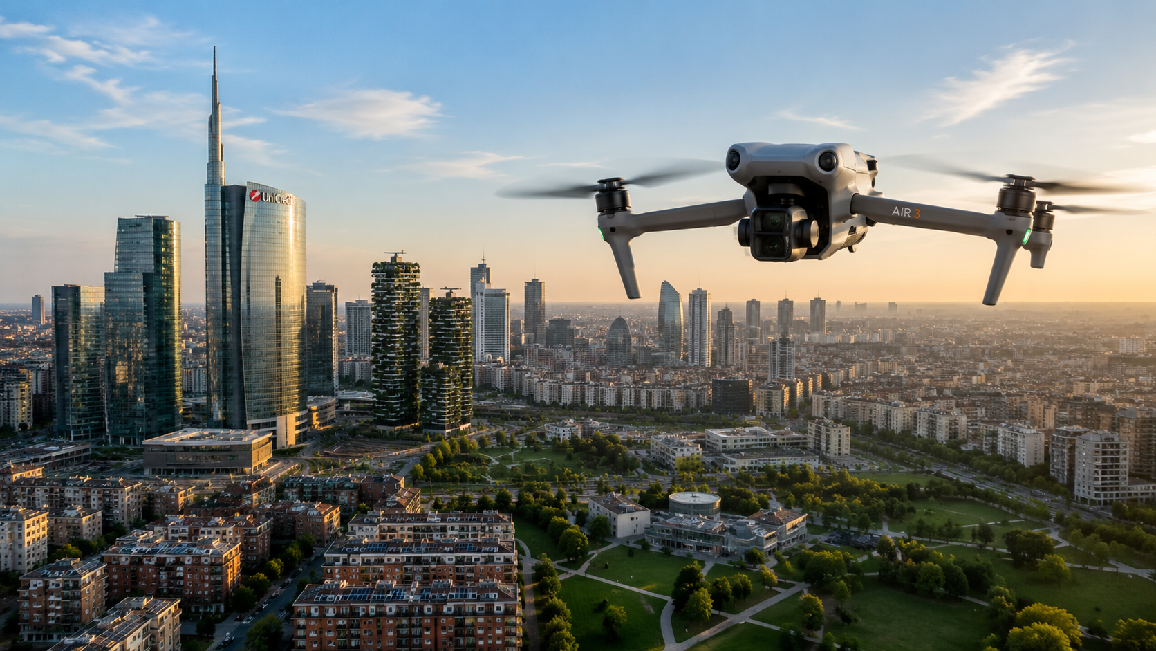 Drone AeroVision in volo sullo skyline di Milano