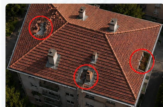 Copertura osservata dall’alto con punti da verificare evidenziati in rosso