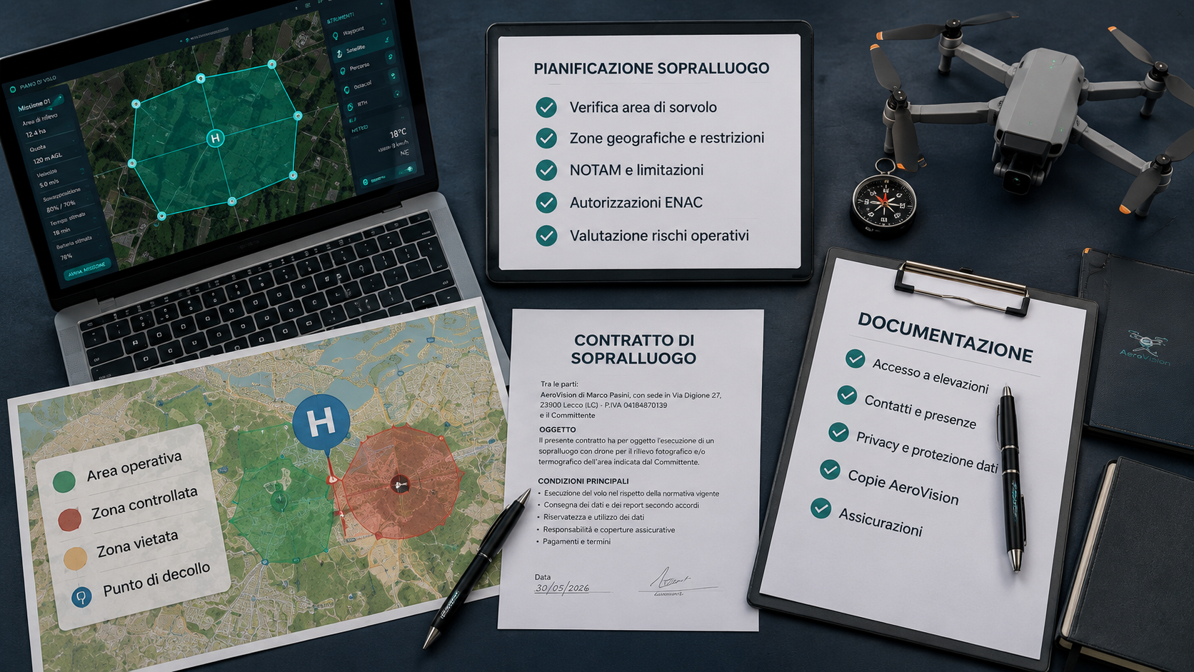 Pianificazione tecnica di un sopralluogo AeroVision con area di volo, documentazione e verifiche operative