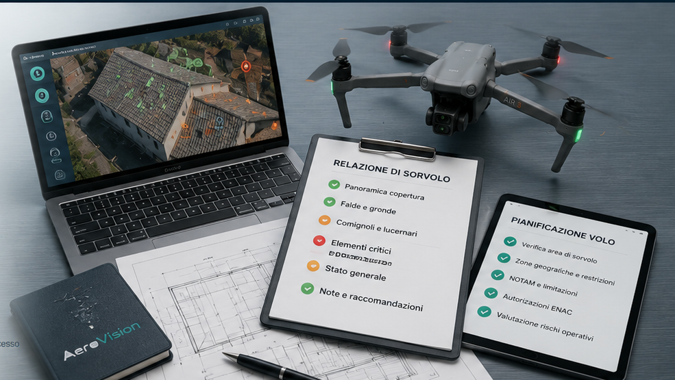 Servizio AeroVision: pianificazione del volo, sopralluogo con drone e relazione fotografica