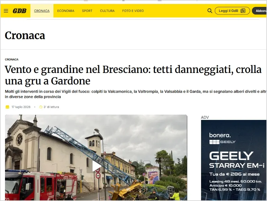 Screenshot del titolo pubblicato da Giornale di Brescia