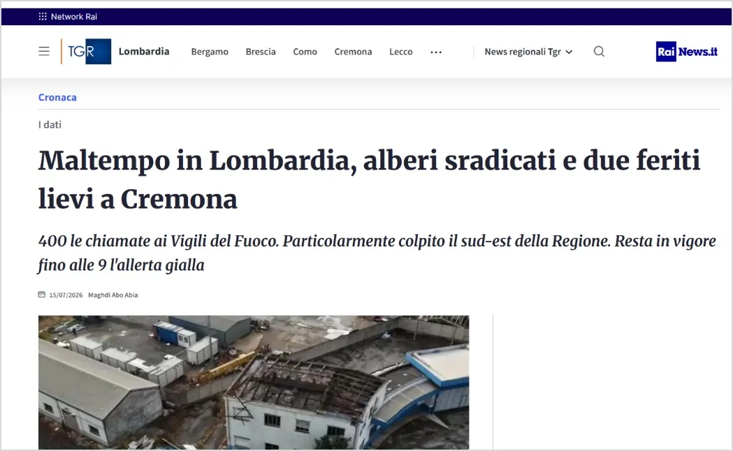 Screenshot del titolo pubblicato da RaiNews Lombardia