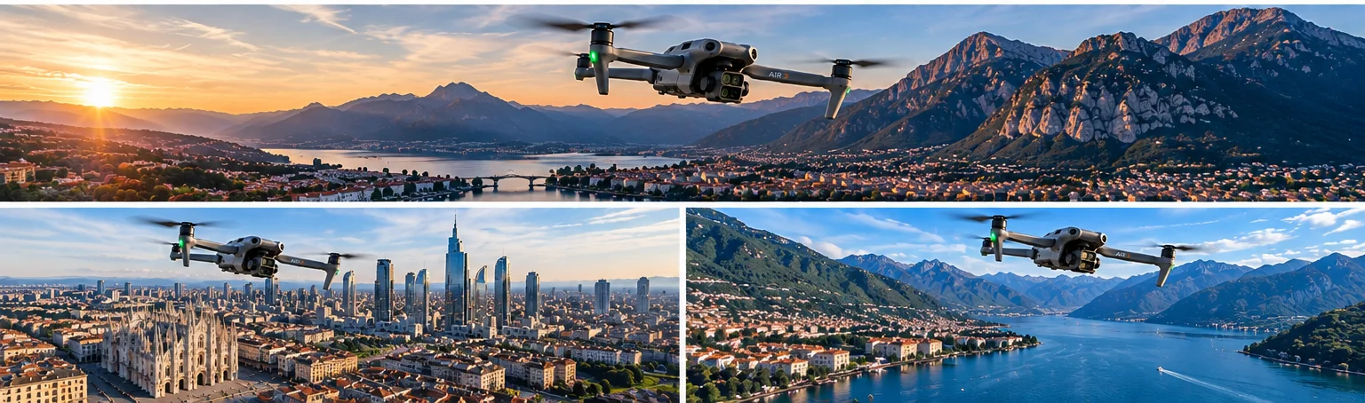 DJI Air 3 in volo tra lago, montagne e skyline urbano